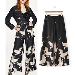 Spring New Women Straight Wide-leg Pant European American Fashion Wild Loose Trousers Crane Printing Female Wide Leg Pants Spring New Women Straight Wide-leg Pant European American Fashion Wild Loose Trousers Crane Printing Female Wide Leg Pants