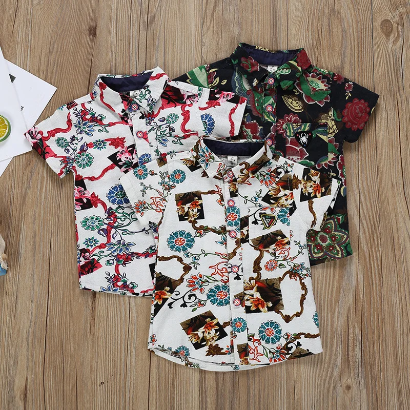 

2019 Summer New 1-5 Year Old Baby Boy Clothes Children Short Sleeve Shirt Kids Pure Cotton Printing Single-breasted Lapel Tops