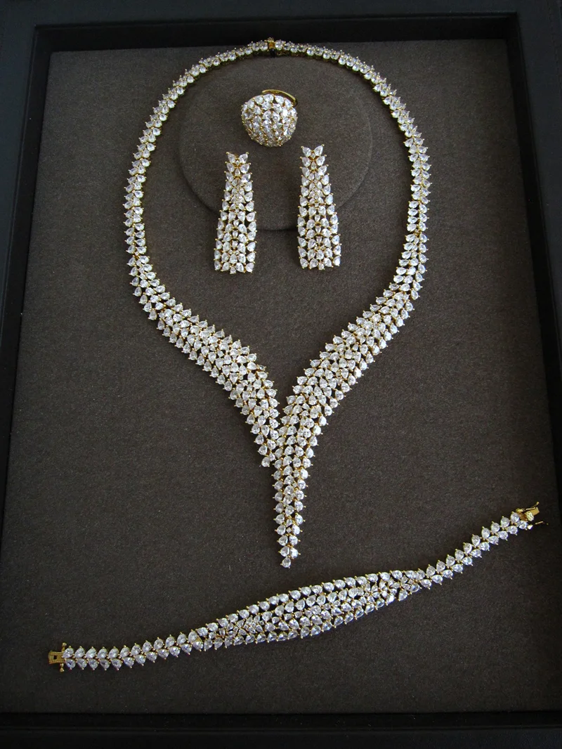 Luxury AAA cubic zirconia waterdrop stones necklace ,earrings ,bracelet and ring 4pcs dubai jewelry dinner set for women,S4812G Luxury AAA cubic zirconia waterdrop stones necklace ,earrings ,bracelet and ring 4pcs dubai jewelry dinner set for women,S4812G