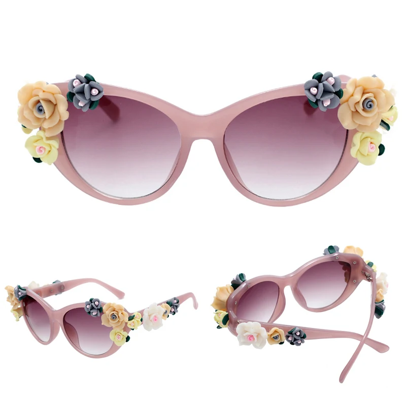 2017 Baroque Women Girls pink Rose flower Sunglasses Retro Decor Floral Flower Sun glasses