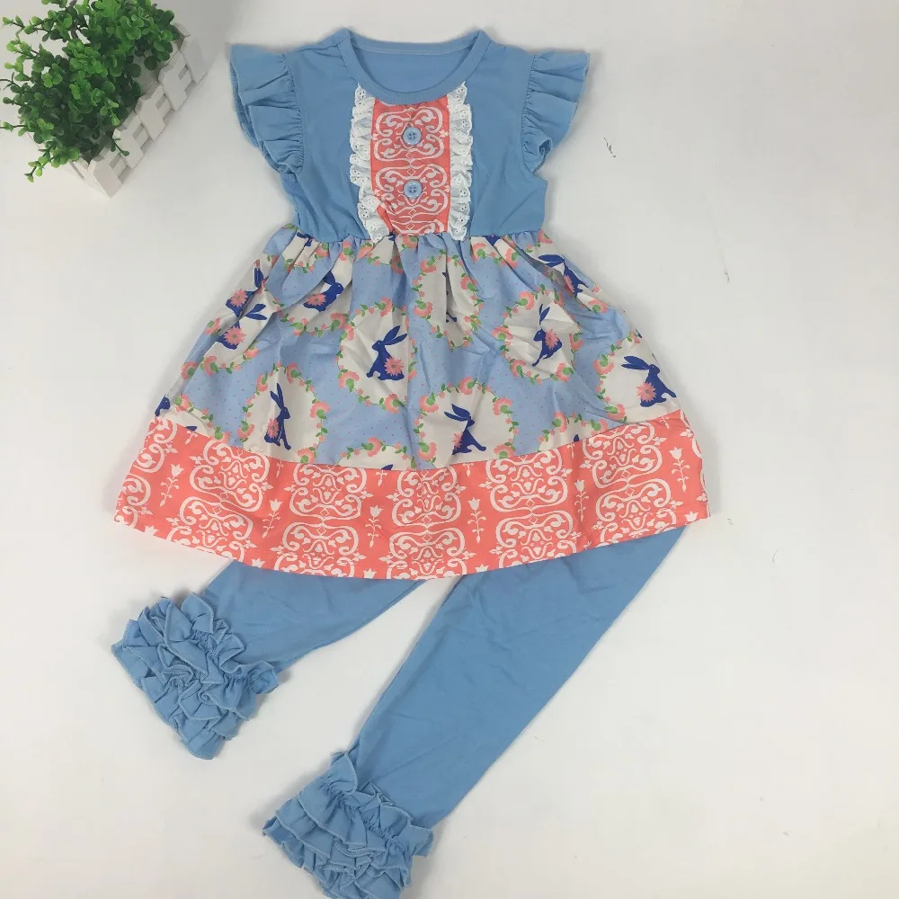

Puresun Easter Day Outfit Spring Girls Clothing Set Bunny Pattern Top Blue Icing Pant Boutique Kids Clothing