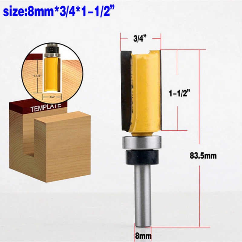 4Pcs/Set 8mm Length Flush Trim Pattern Router Bit Shank Panel Top Bottom Bearing Woodworking Milling Cutter