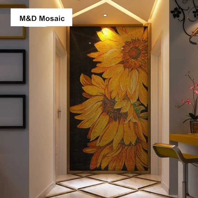 Luxury Customized Hand Cut Shiny Glimmer Ice Jade Gl Sunflower Luxury Customized Hand Cut Shiny Glimmer Ice Jade Gl Sunflower Art Mural Mosaic Wall Decoration