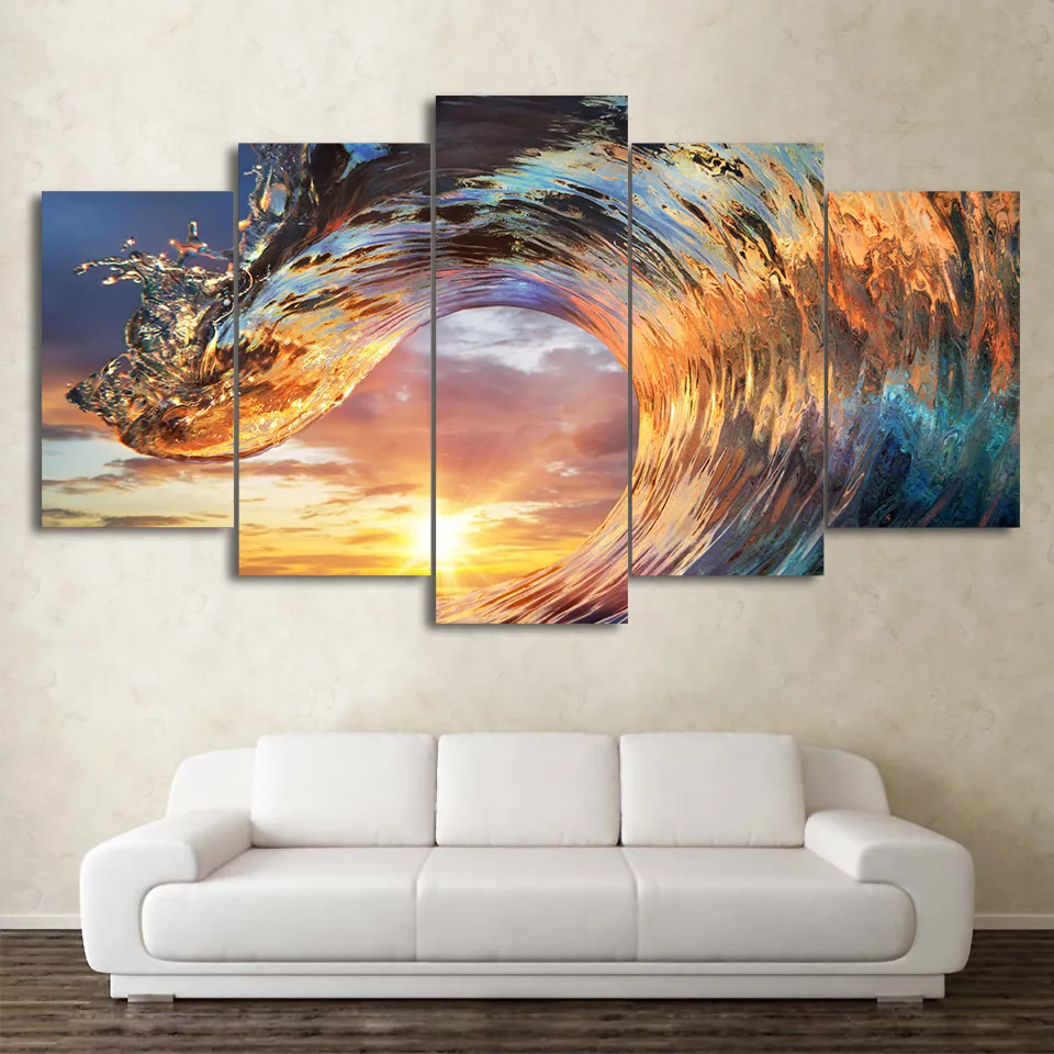 

Frame HD Printed Modern Canvas Living Room Pictures 5 Pieces Sunset Ocean Waves Painting Wall Art Modular Poster Home Decor