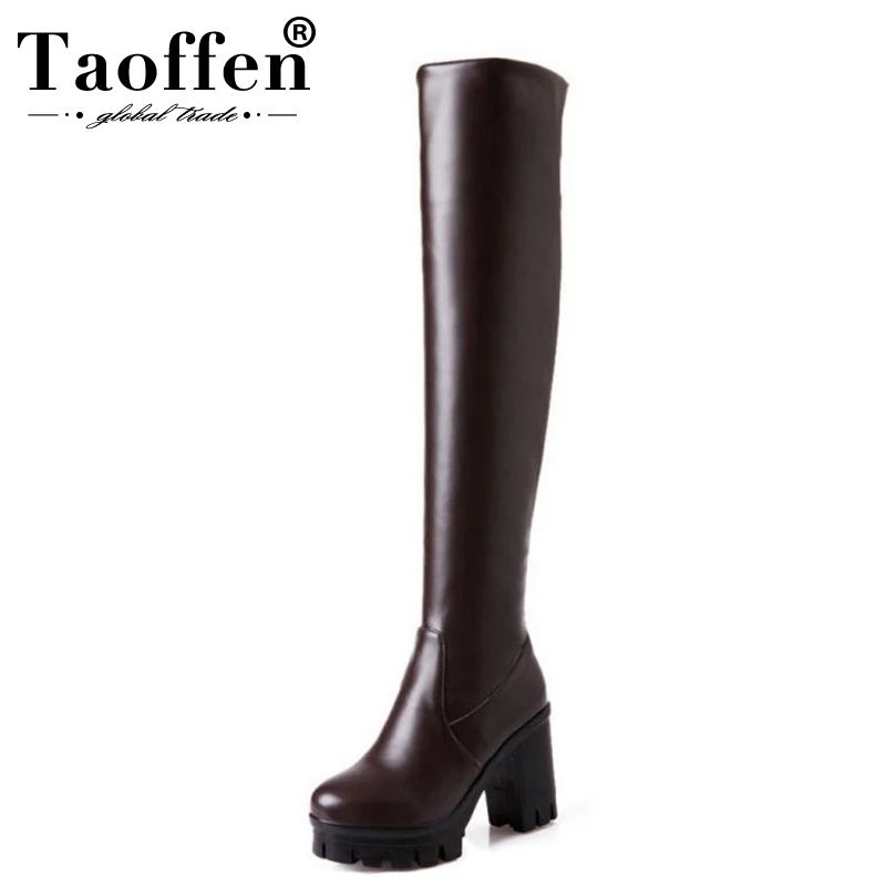 En Ligne TAOFFEN Taille 33 43 Hiver Bottes Femmes Plate Forme de Mode Épais Haute Talons Chaussures Chaudes Femmes Concise de Fourrure Sur genou Bottes