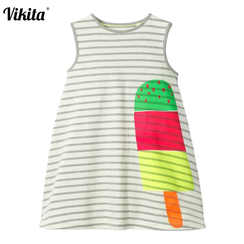 

VIKITA Girls Cartoon Dress Kids Sleeveless Striped Dresses Robe De Fille Children Pattern Print Summder Cotton Dress for Girls