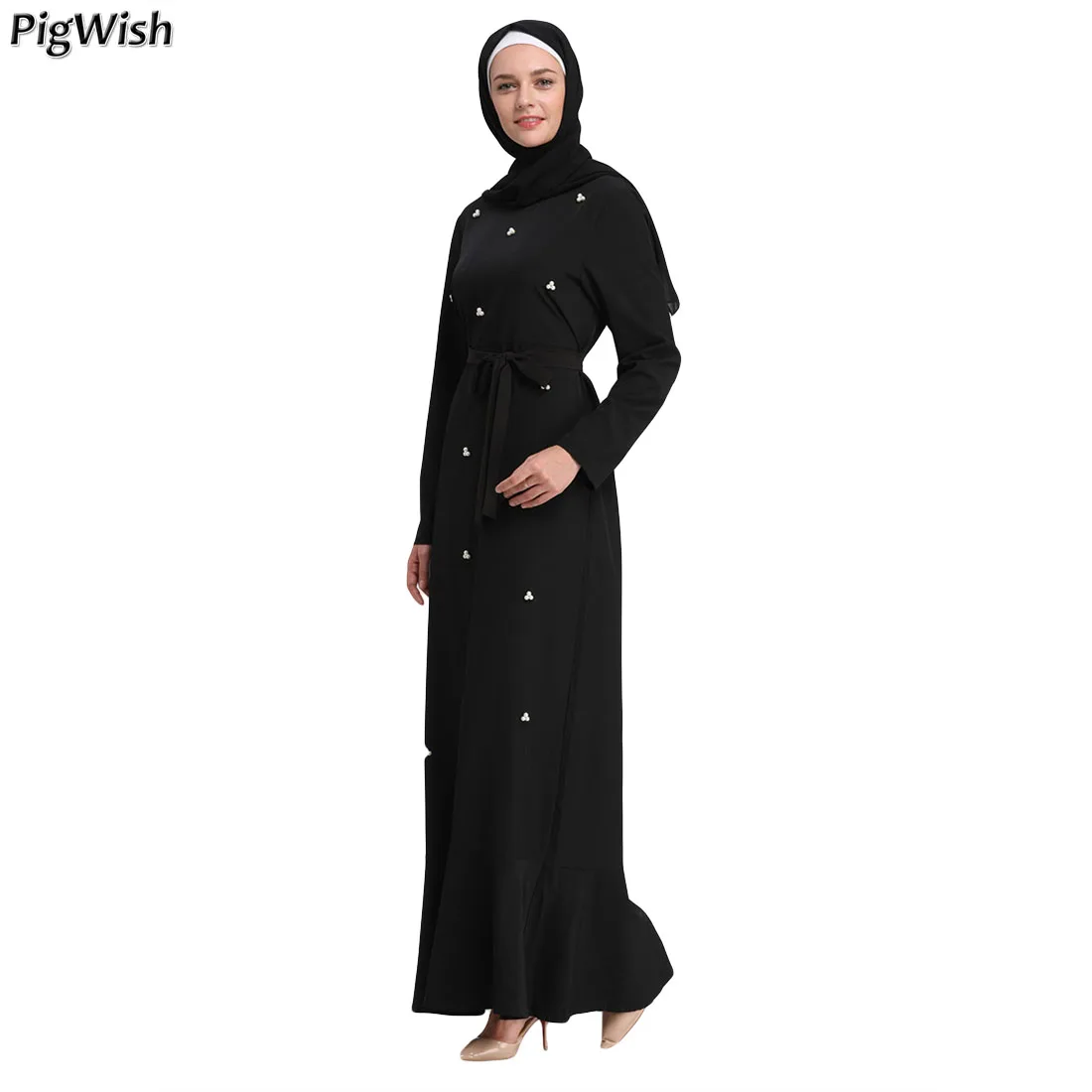 

Elegant Muslim Pearls Abaya Ruffles Maxi Dress Cardigan Robes arabic dubai kaftan Kimono Ramadan Islamic hijab dress Prayer