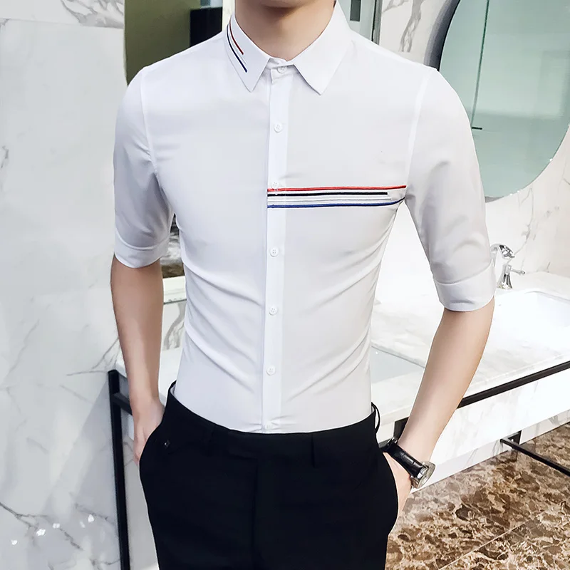 Новая мода горячая Распродажа бренд летняя мужская повседневная Высококачественная однотонная верхняя одежда мужская Тонкая Корейская стильная вышитая рубашка