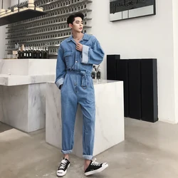 Vintage Mens Boys Denim Jeans Overalls Safari Style Casual Trousers Long Sleeve With Belt Blue Vintage Mens Boys Denim Jeans Overalls Safari Style Casual Trousers Long Sleeve With Belt Blue