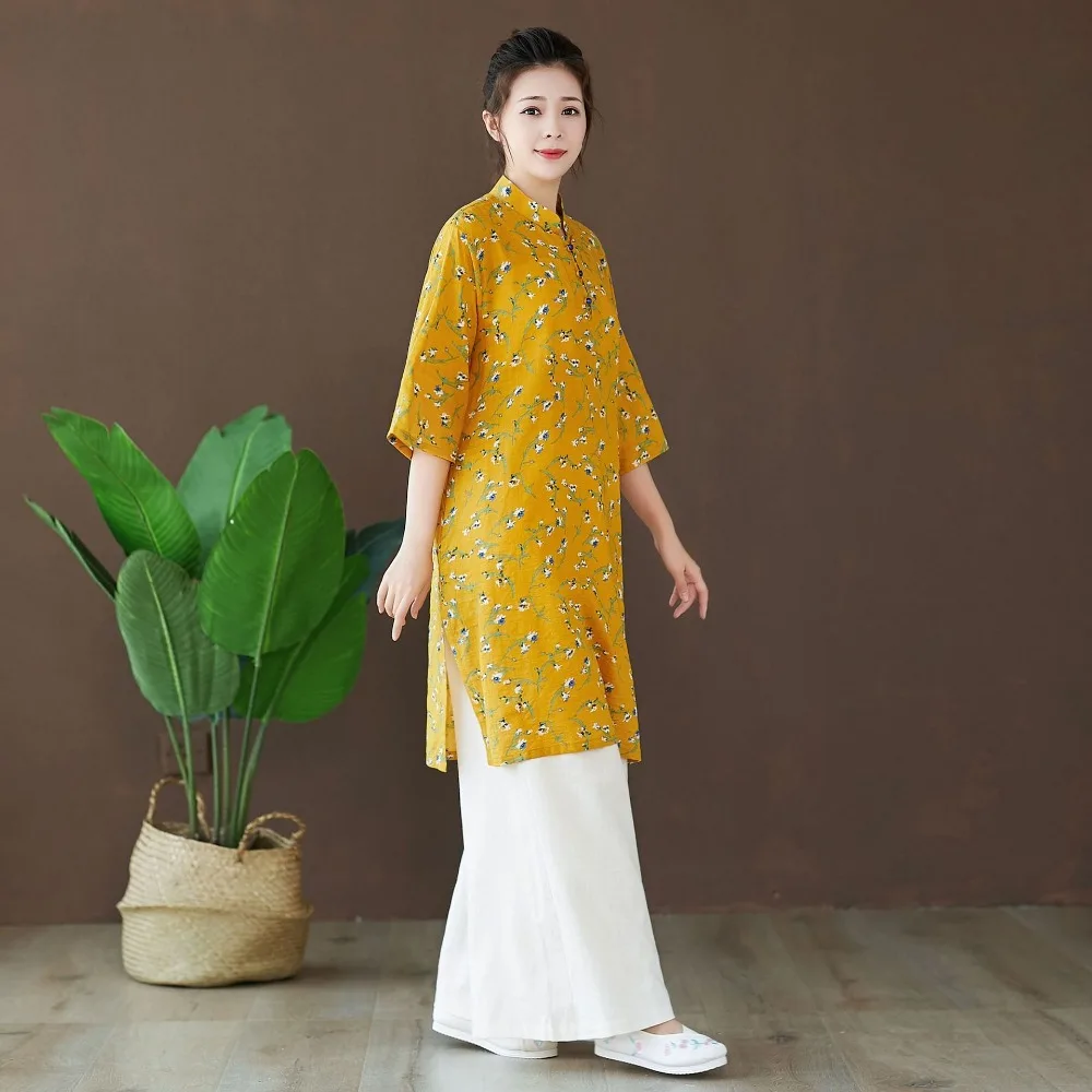 LZJN 2019 Autumn Blouse Long Sleeve O-Neck Chinese Style Shirt Ethnic Ladies Cotton Tunic Tops Floral Blouses for Women 2 Colors (4)