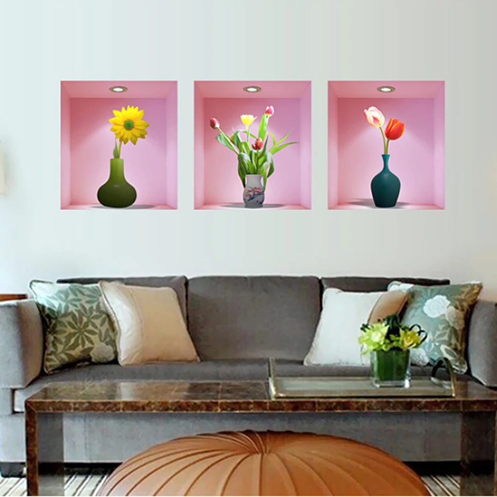 3D View Home Decor Removable Decal Vase and Flowers Art Wall Sticker