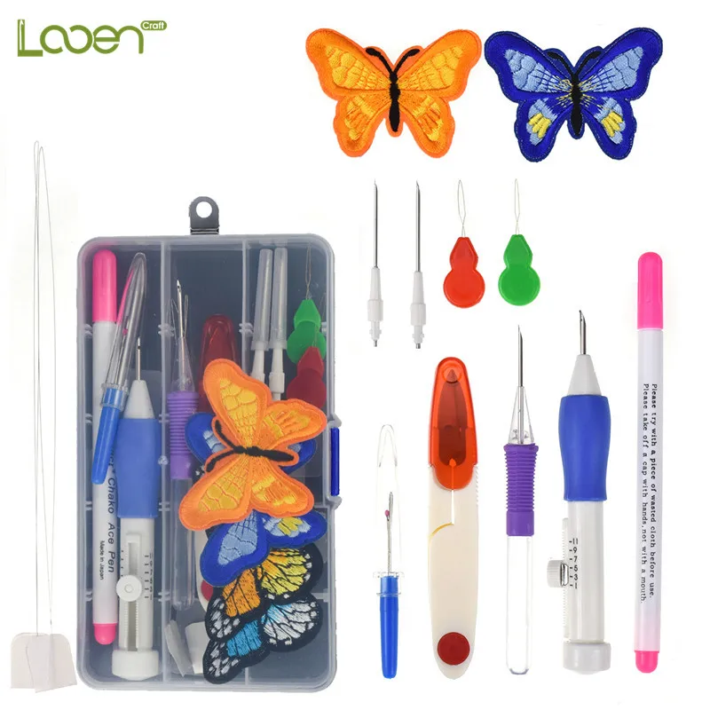 

Mixed Magic Embroidery Stitching Punch Needle with 2 Pcs Embroidered Patterns Punch Needle Kit Knitting Sewing Craft Tools
