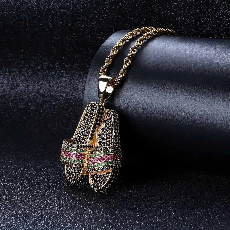 

Micro Paved AAA CZ Stone Cubic Zirconia Slippers Sandals Pendants Necklaces Gold Color Men Hip Hop Bling Ice Out Rapper Jewelry