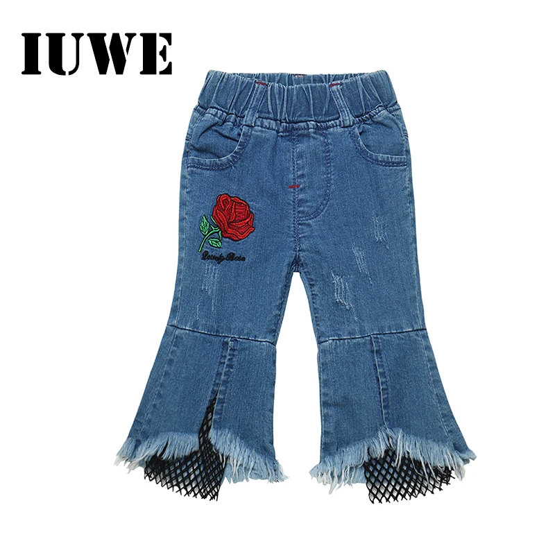 

High Waist Children's Jeans Denim Rose Red Flower Casual Blue Long Pants 10 12 Year Teens Girls Summer Spring Wear Kids Clothing