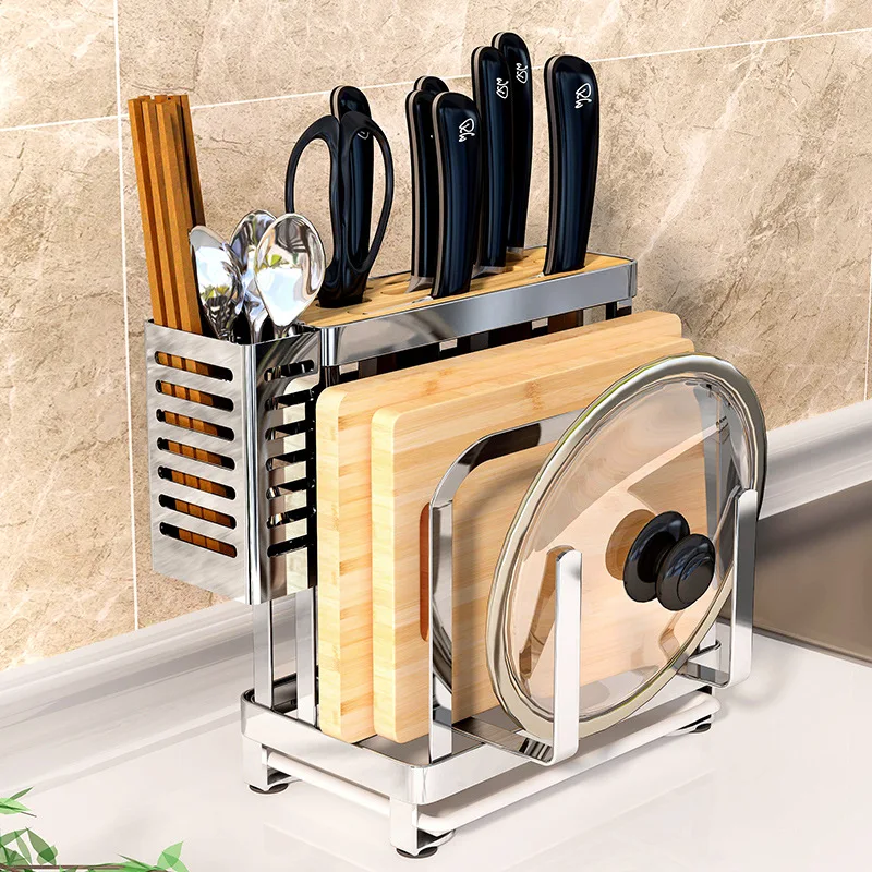 

Stainless Steel Knife Holder Kitchen Appliances Multi-functional Knife Cutting Board Pot Cover Holder Kitchen Storage Rack