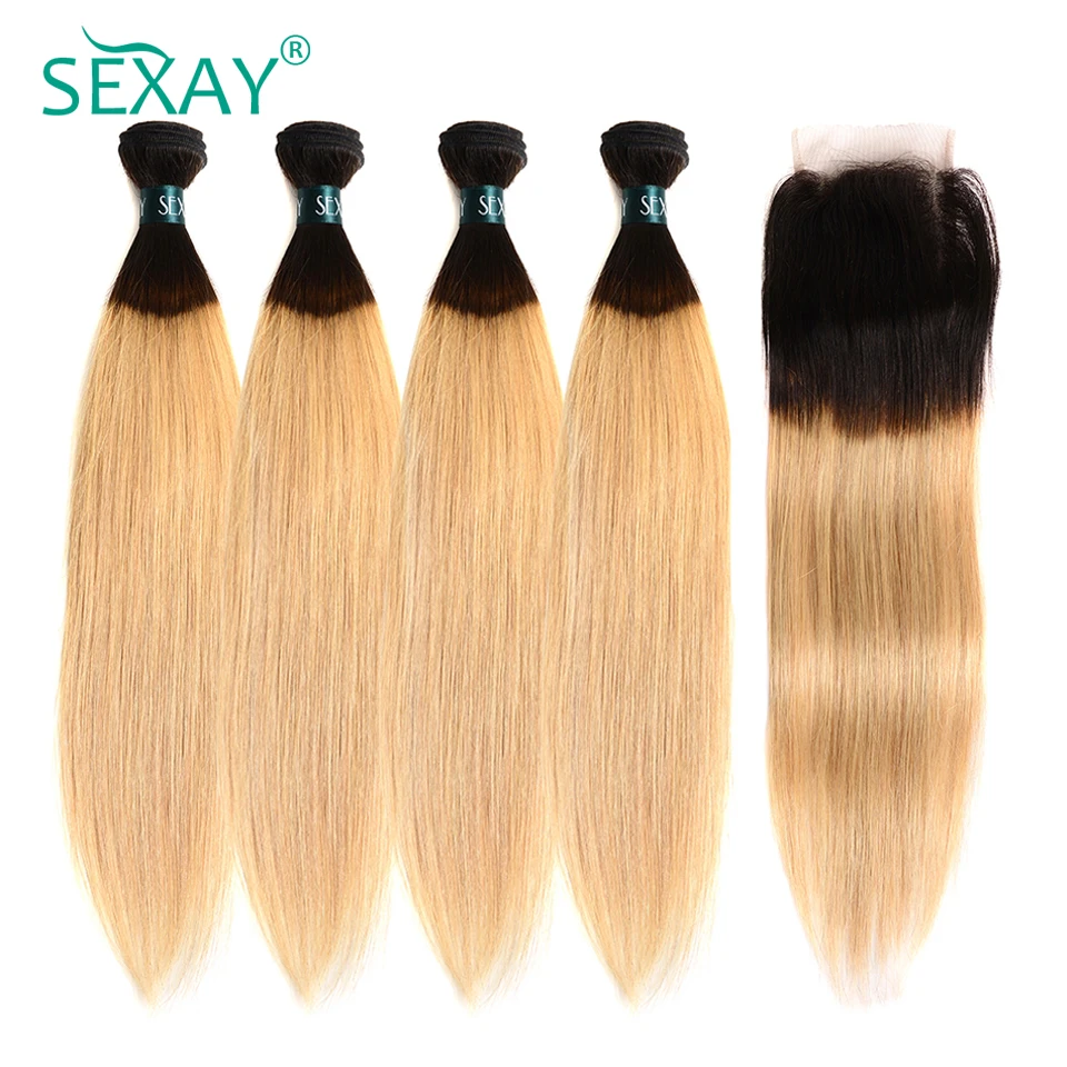 Sexay Ombre бразильский прямые волосы 4bundles не Волосы remy с закрытием T1B/27 Русый Ombre человеческих волос ткань с закрытием кружева