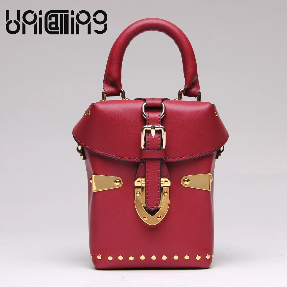 

UniCalling Fashion New style rivet Genuine Leather women bag lock catch women leather handbags mini small women shoulder bags
