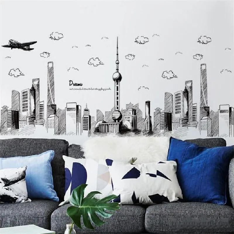 

Pencil Paint Shanghai City Wall Sticker Background Decoration Home Decal Removable Pvc Scene Window Poster For Living Room New