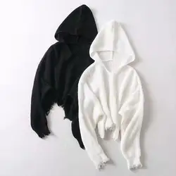 Белый вязаный свитер с капюшоном большой Размеры Для женщин Повседневное Кисточкой Свободные укороченные пуловер 2018 г. пикантные зимние