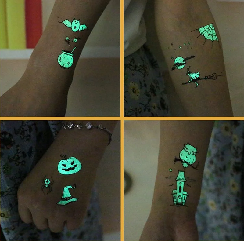 Горячая Хэллоуин светящаяся Татуировка призрак Тати для детей поддельные татуировки ведьмы Светящиеся в темноте водонепроницаемые временные татуировки наклейки