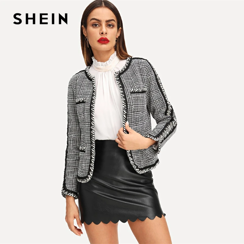 SHEIN Black and White Pocket Front Plaid Jacket Elegant