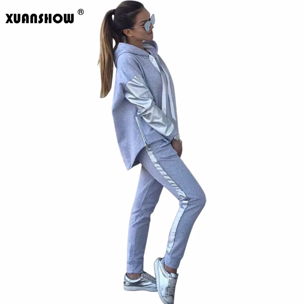 XUANSHOW Streetwear Cotton Casual Tracksuit Women's Autumn Winter Zipper Irregular Stitching Hoodies Long Pant Two Piece Suit cjlm mens fashion zipper tracksuit purple rhombic 3d print casual sportsuit men hoodies sweatshirts sportswear hooded pant