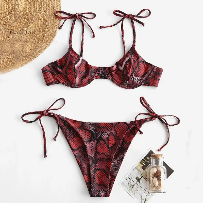 

Peachtan Snake print bikini Sexy swimsuit female 2019 Push up swimwear women string bathing suit summer Brazilian bathers mujer