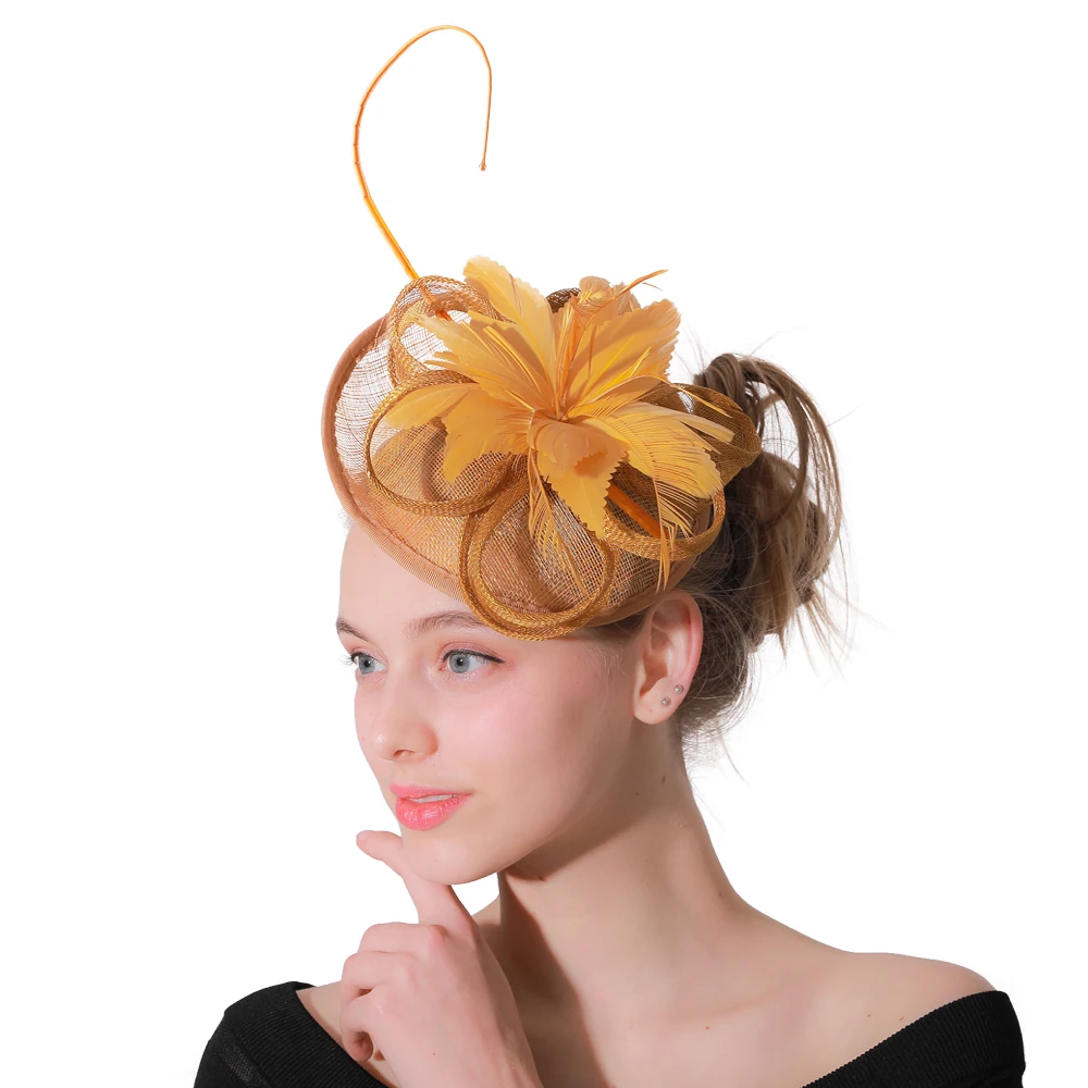 

Wedding hats gold sinamay fascinators headbands women female party headwear bridal royal flower feathers hair accessories XMF85