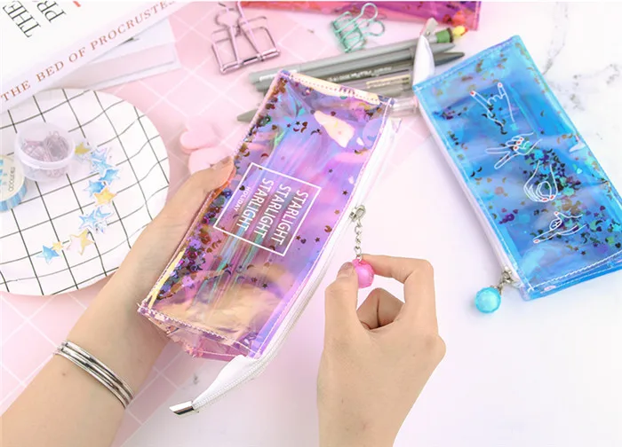 Fashion Harajuku Charms Zipper Hologram Metallic Color Sequin Transparent Laser Pencil Case Woman Cosmetics Makeup Bag Handbag (12)