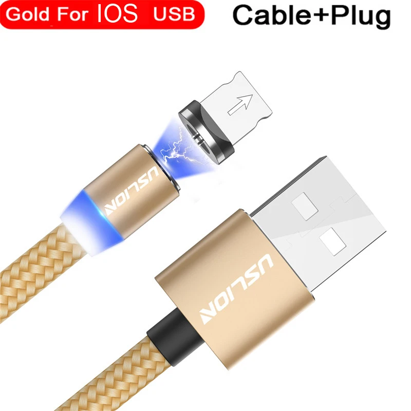 USLION Магнитный Micro USB кабель для быстрой зарядки usb type C кабель для зарядки и передачи данных Шнур для Iphone 7 samsung Xiaomi - Цвет: For IOS Gold