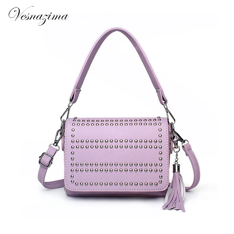 VZ black ladie's top handle handbag for girl rivet pu leather purple
