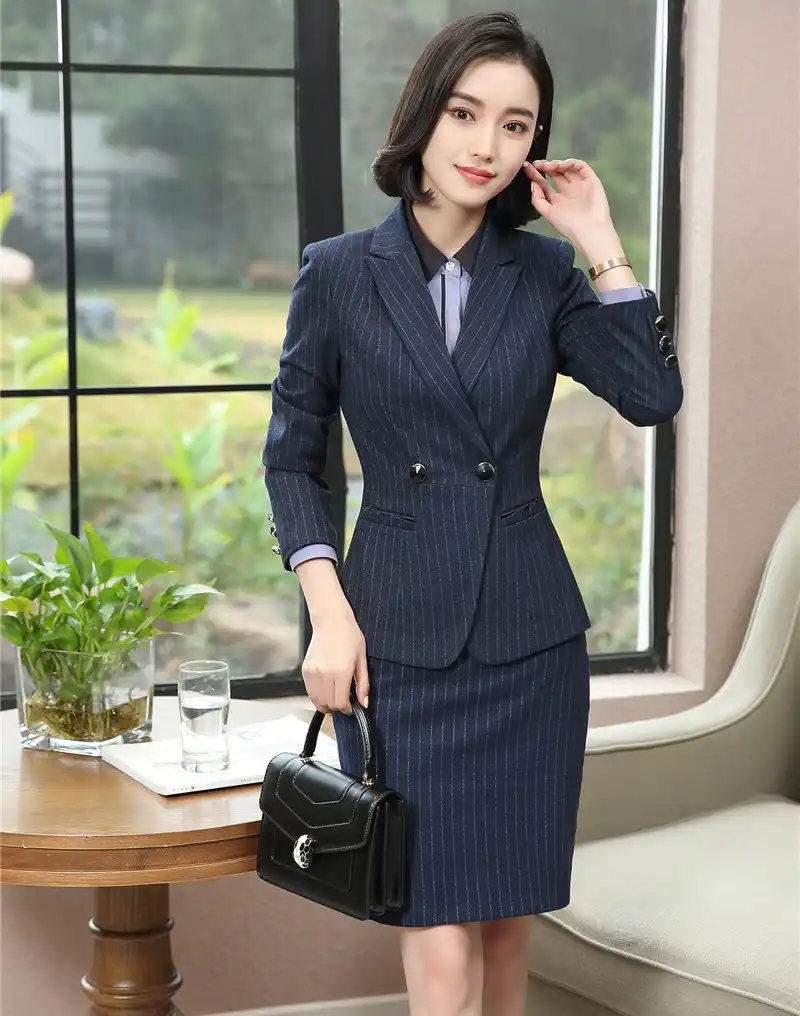 Navy blue pinstripe suit womens Clearance