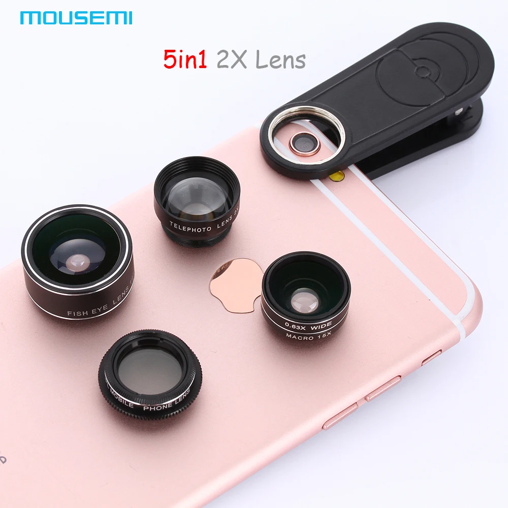 5in1 2x HD Tele Lens 198 Degree Fisheye 0 63x Wide Angle 15x Macro Lenses CPL