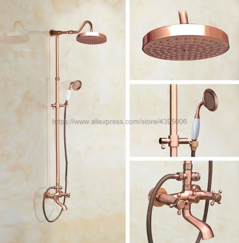 

Antique Red Copper Wall Mounted Rainfall Bath Shower Faucet Swivel Tub Taps Bathroom Shower Mixers with Handshower Brg654