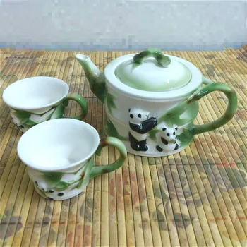 

[ 1 Pot+2 Cups] 2018 Newest 3Pcs Chinese KungFu Panda bamboo teapot cup Ceramic tea set Coffee Drinkware teacups Safe Package