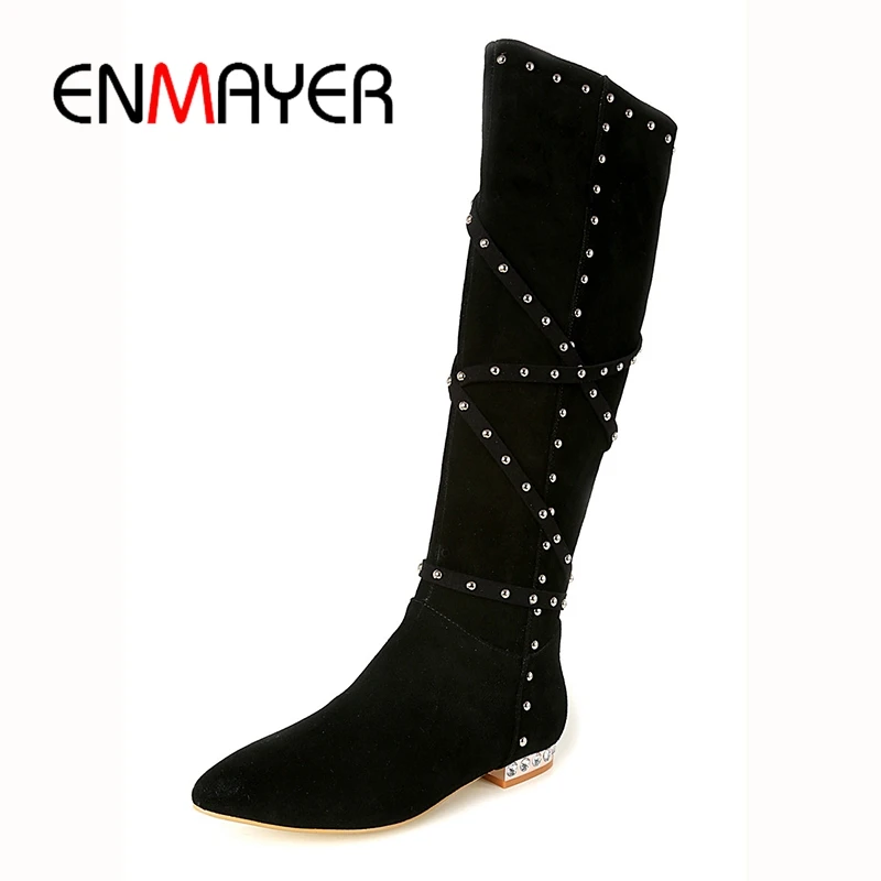 

ENMAYER Women winter boots botas mujer women pointed toe rivet knee high boots women zipper boots Big size 34-40 ZYL1067