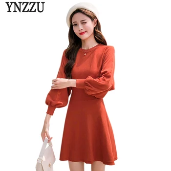 

YNZZU Elegant 2018 Autumn Knitted Sweater Dress Women O Neck Lantern Sleeve Fashion High Waist Hollow Female Short Dress YD215