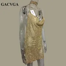 GACVGA 2017 Crystal Metal Halter Shining Summer Dress Women Beach Dress Sequin Mini Sexy Party Dresses Vestidos