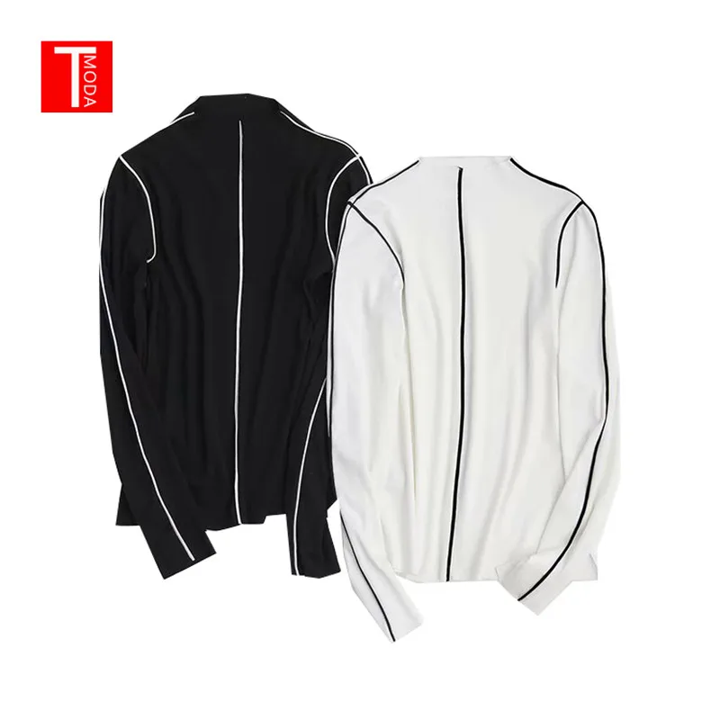 

2019 Spring Summer Sexy Contrast Color Black White Line Knit T-shirt See Through Woman Slim Fit T Shirt Long Sleeve Tee Tops