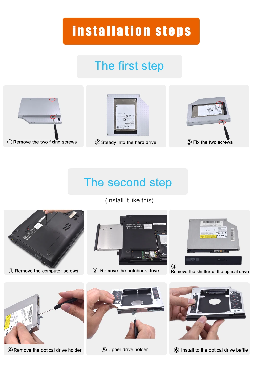 TISHRIC ноутбук ODD DVD-ROM Optibay алюминиевый 2nd HDD Caddy 12,7 мм IDE to SATA 2,5 дюймов чехол для SSD, HDD корпус