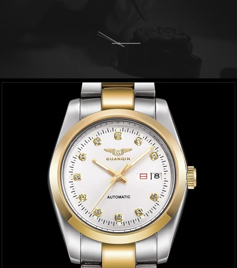 GUANQIN Gold Couple Watch Men Women Mechanical Watch Luminous Calendar Week Waterproof Rhinestones Automatic Lovers Watches (16)