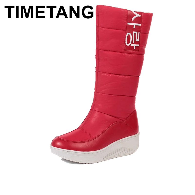 

TIMETANG 2018 Ladies snow boots wedges heels slip on women winter boots fur inside mid calf boots sweet shoes E166