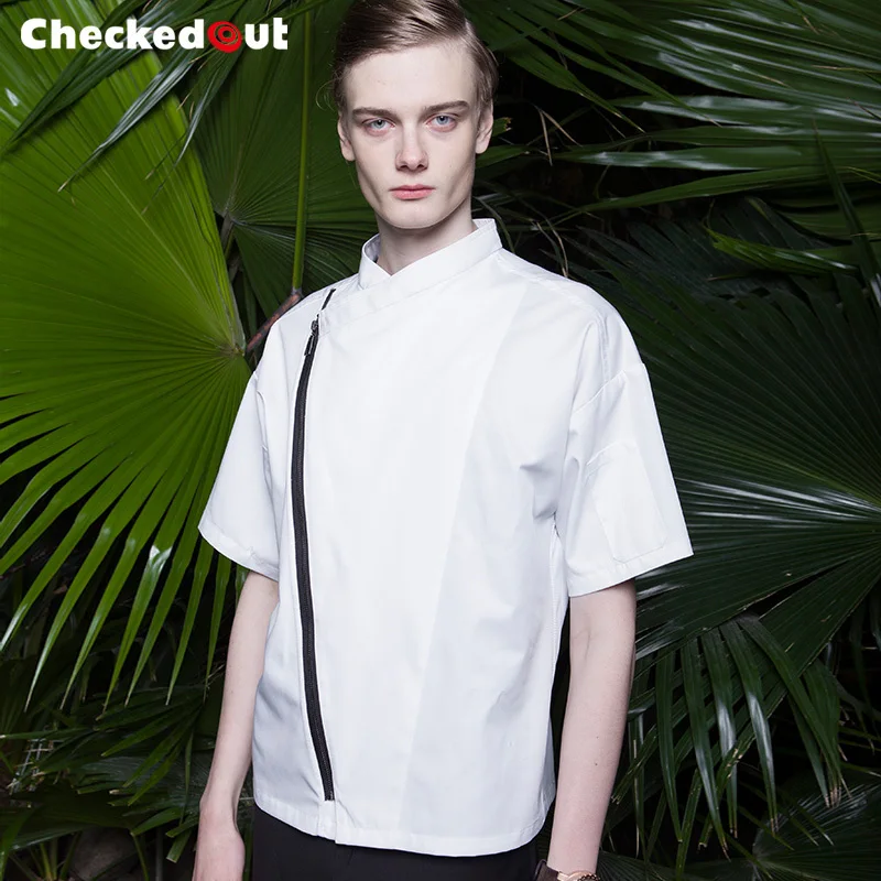 New arrival summer short sleeve cool chef coat for restaurant and hotel kitchen quality zip closure chef jacket black and white