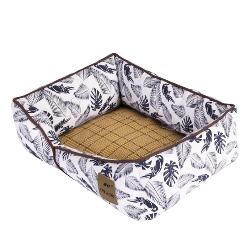 Кровати для собак для маленьких средних собак летний охлаждающий соломенный коврик кровать для домашних животных клетчатая кровать для собак Cuddler моющийся холст Конура диван - Цвет: Leaves