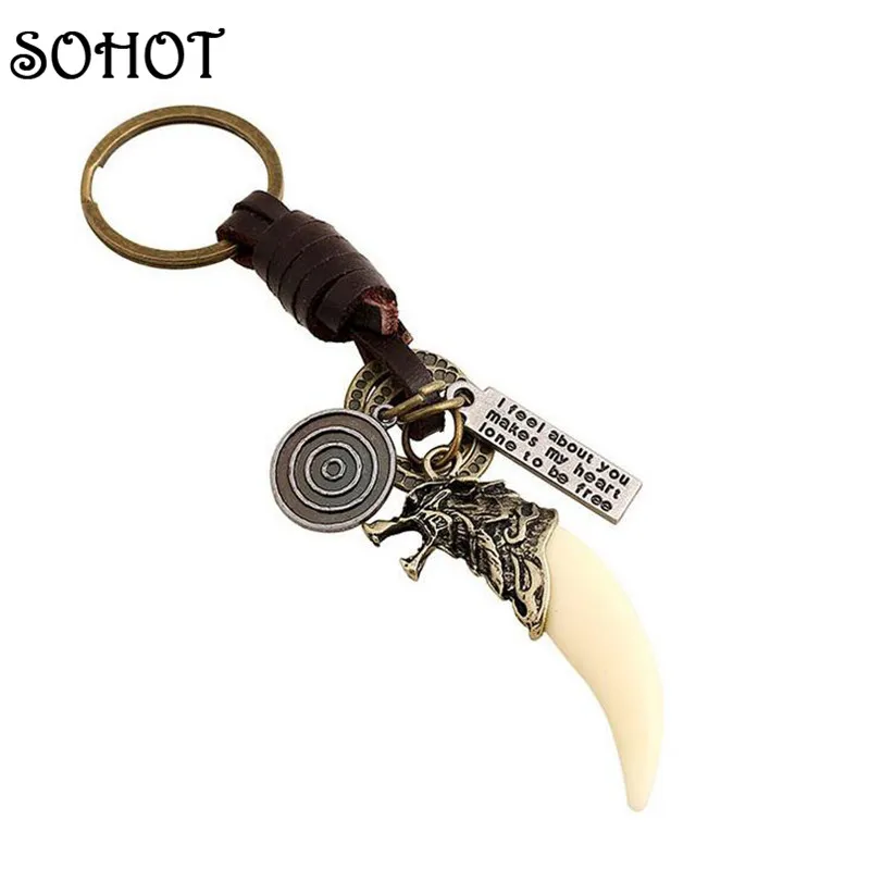 

SOHOT Men Antique Bronze Color Wolf Fang Pendant Vintage Wolf Tooth Alloy Key Chain Key Ring Bag Car Holder Keychain Jewellery