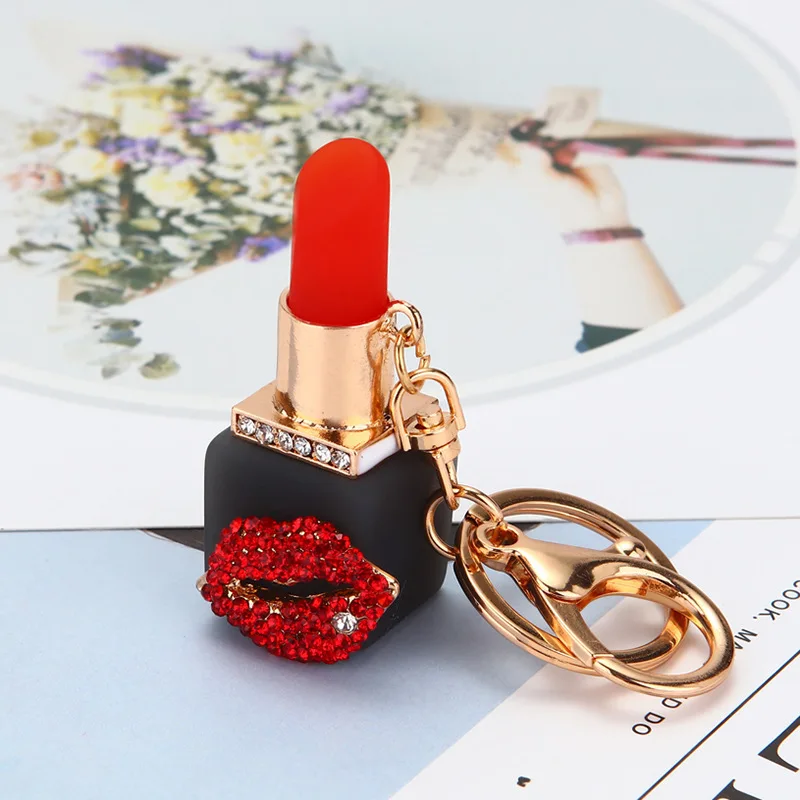 

Lovely Lipstick Key Chain Ring Handbag Red lip Lace Flower Pendant Personality Car Keychain Key Holder Female Sexy Creative Gift