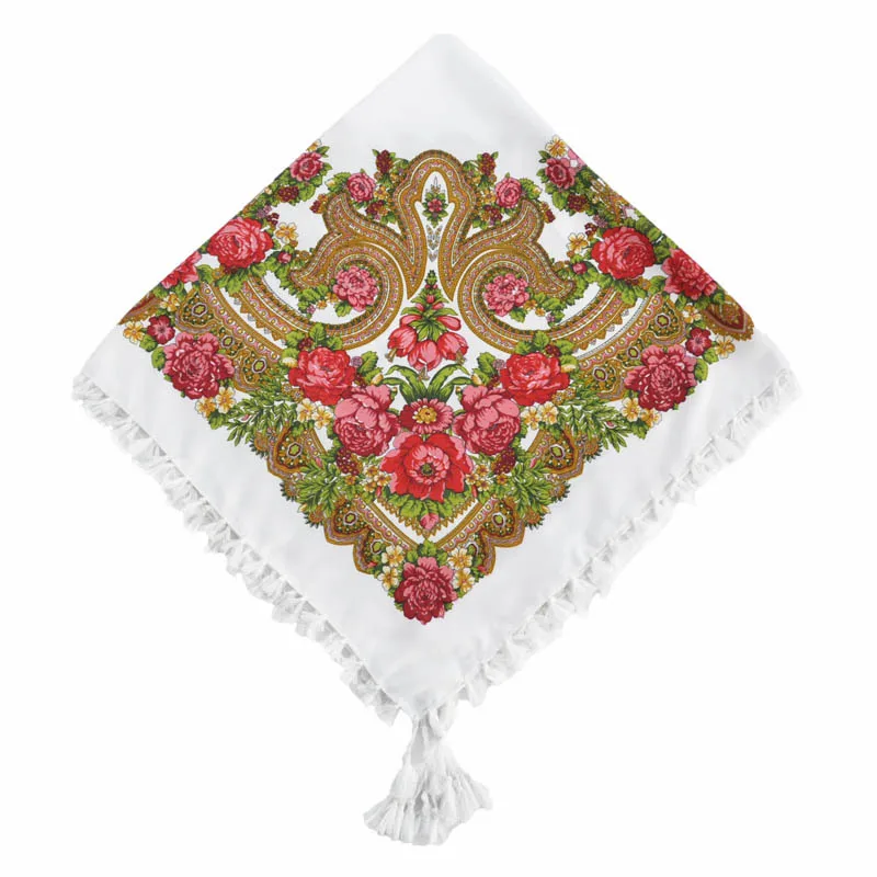 

Fashion Russian Women Tassel Square Scarf Shawl Lady Printed Floral Short Tassel Headband Retro Cape Wrap Scarves 90*90cm