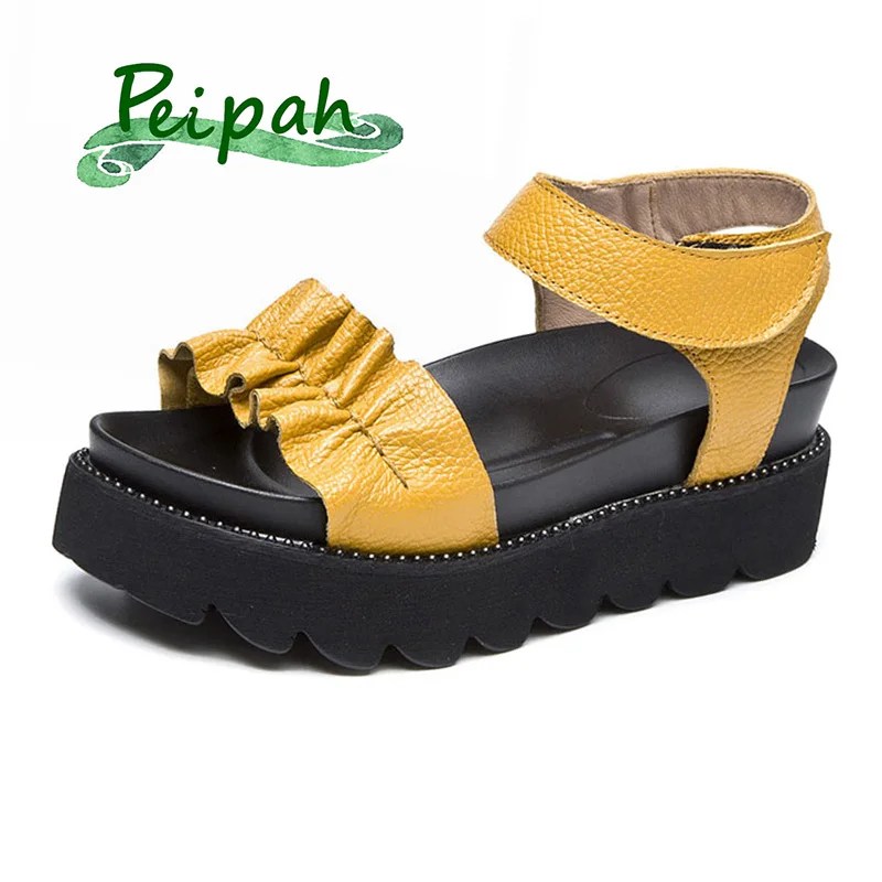 

PEIPAH 2019 Summer New Genuine Leather Women's Gladiator Sandals Waterproof Platform Ladies Shoes Folded Zapatillas Mujer