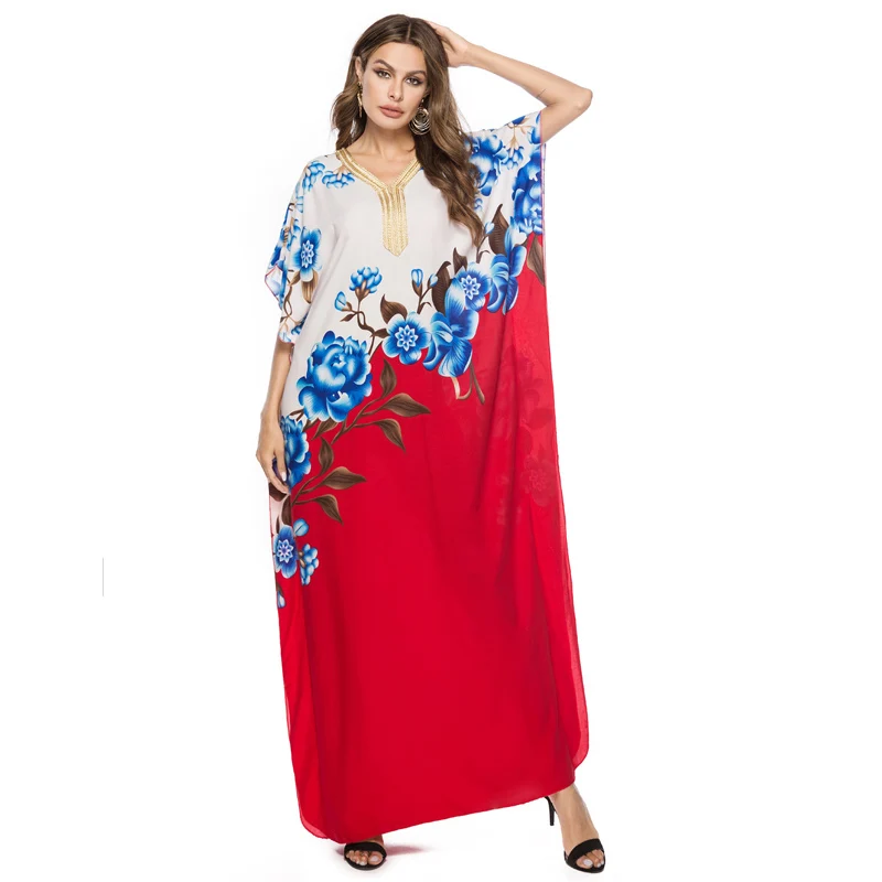

Summer Floral Print Bohemian Maxi Dress 2019 Bat Sleeve Muslim Abaya Islamic Dubai Arabic Morocco Robe Plus size 3XL Long Dress