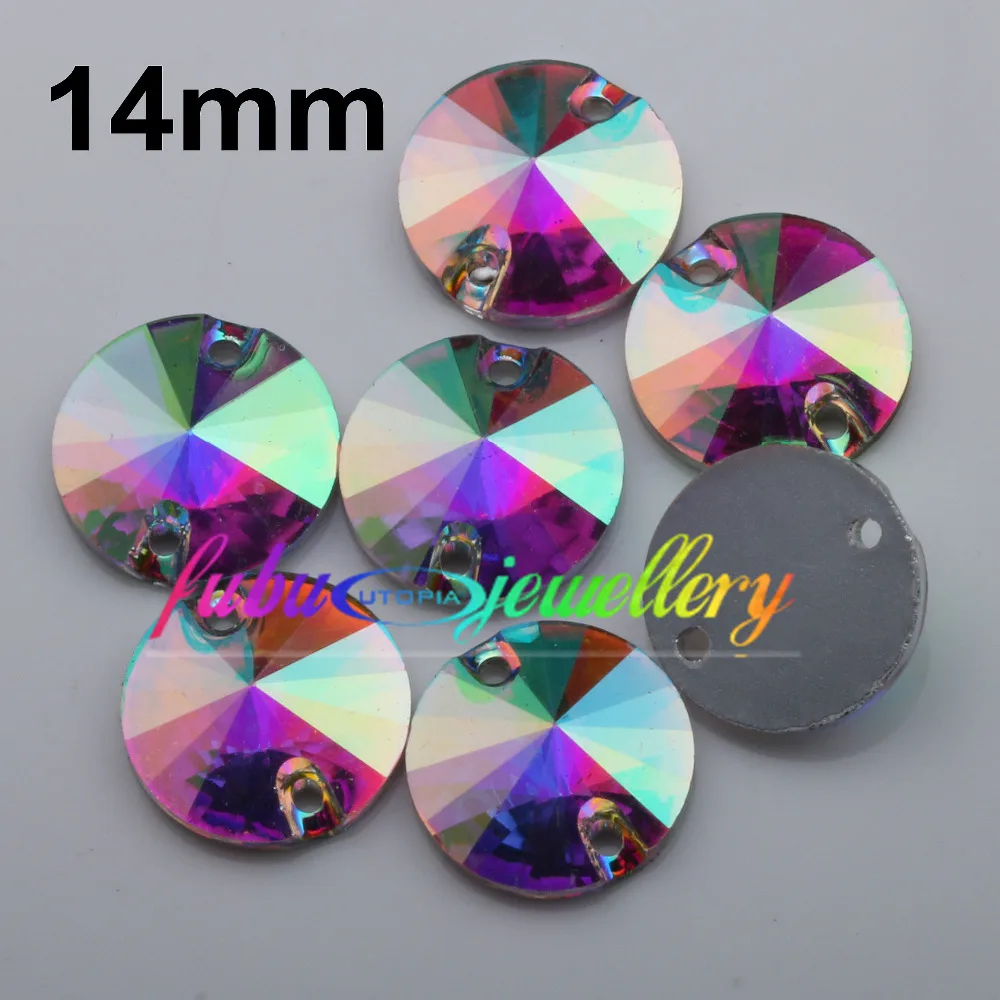 

Free Shipping, 100pcs/Lot, 14mm Crystal AB / Clear AB Flat Back #3200 Rivoli Round Resin Sew On Stones